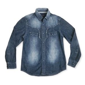 Purple & Yellow Brand Western Shirt Acid Wash Chambray Pearl Snap Size 130A/US 8